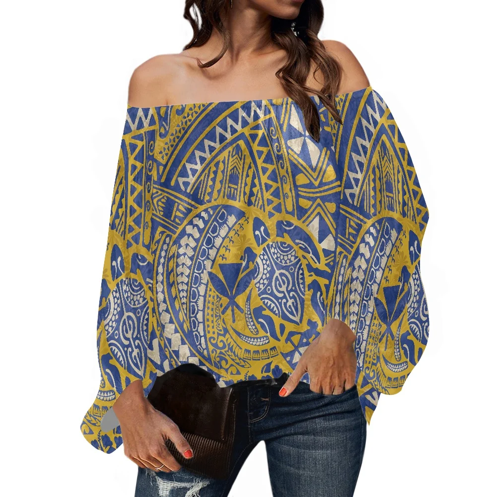 

HYCOOL Polynesian Blouse Women 2021 Summer Tribal Print Off The Shoulder Top Custom Casual Puff Sleeve Blouse Women Lady Elegant