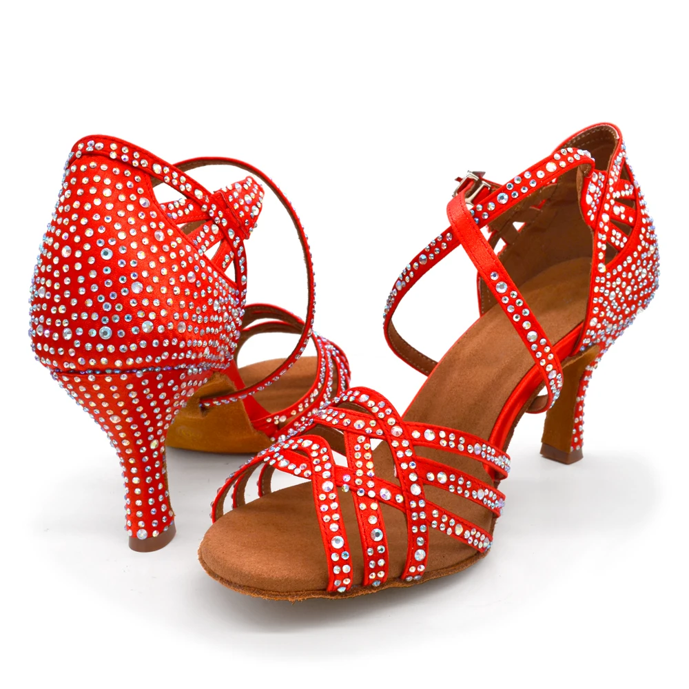 Evkoodance Practice Latin Salsa Shoes Blue Red Crystal Dance Shoes Women's Sexy 7cm Latin Salsa Ballroom Sneaker Shoes for Party