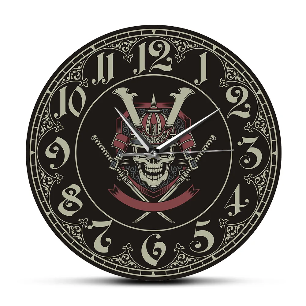 Japanese Skull Warrior Samurai Silent Non-ticking Wall Clock Skeleton Bone Evil Fighter Death Scare Decorative Clock Wall Watch