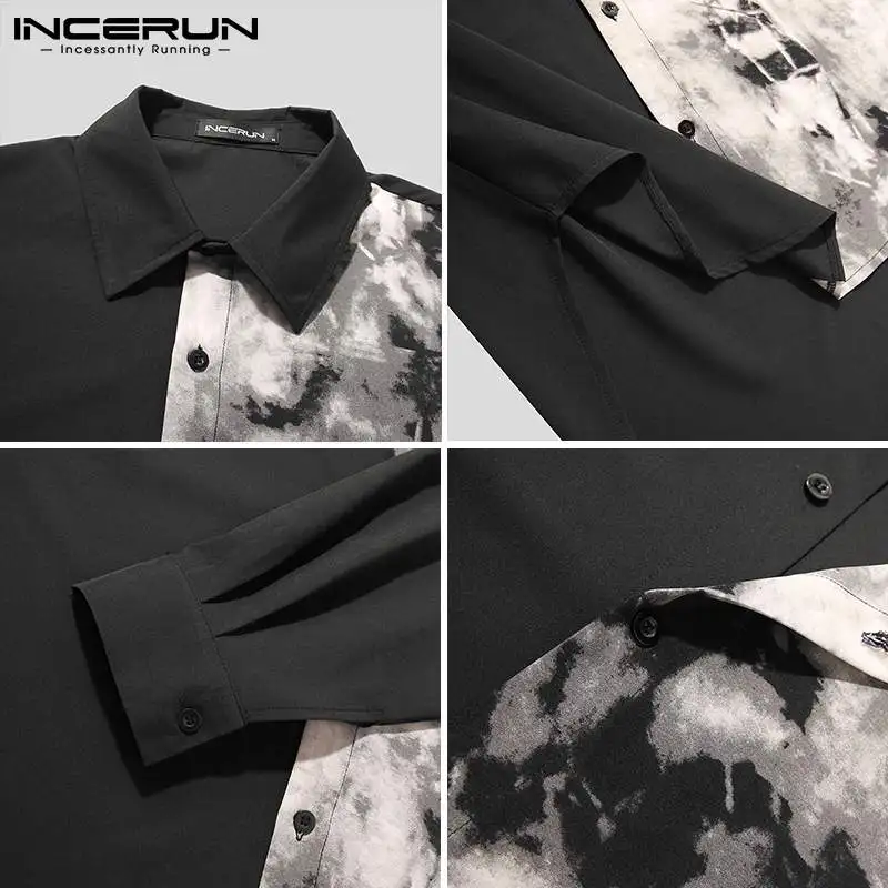 INCERUN-Camisa estampada casual manga comprida masculina, tops de streetwear lapela primavera, moda coreana, camisas soltas, patchwork, 5XL, 2023