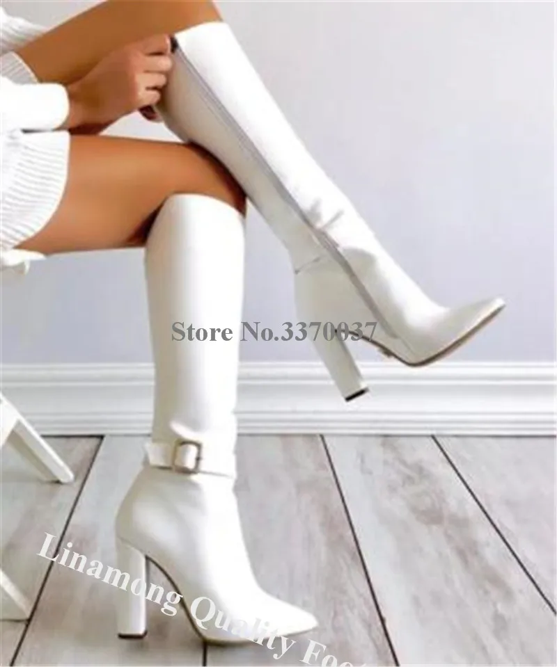 Linamong Elegant Pointed Toe Chunky Heel Knee High Boots White Black Brown Matte Leather Thick Heel Long Boots Party Dress Shoes