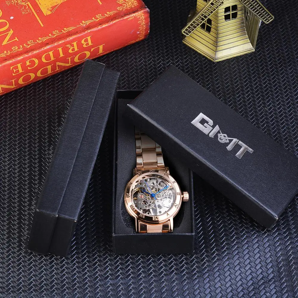 Winner Skeleton Dial Stainless Steel Exquisite Watch Rose Golden Women Fashion Watch Luxury Brand Waterproof Mechanical Clock