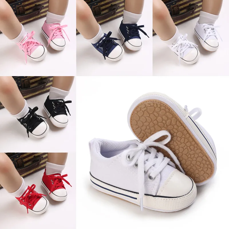 Classics Infant Baby Girl Boy Shoes Newborn Rubber Sole Sneaker Shoes Lace up Canvas Shoes Sport Casual First Walkers For 0-18M