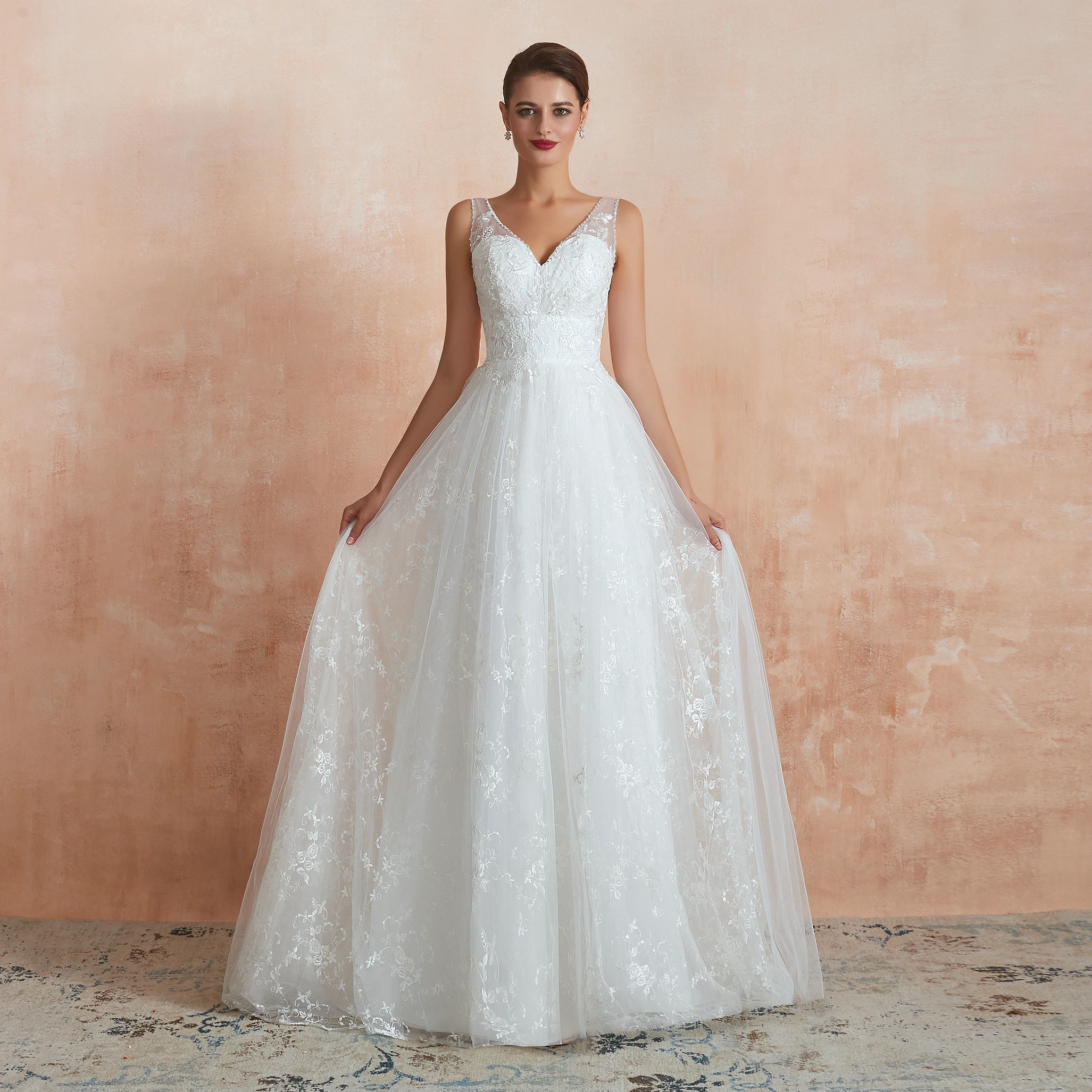 JaneVini – robe De mariée De princesse en dentelle blanche, ligne A, col en V, sans manches, perlée, grande taille, 2019