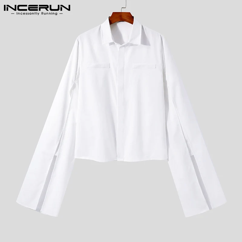 Incerun-Lapel Flare Camisa de botão manga comprida masculina, roupa monocromática, streetwear casual, moda personalidade, 2023