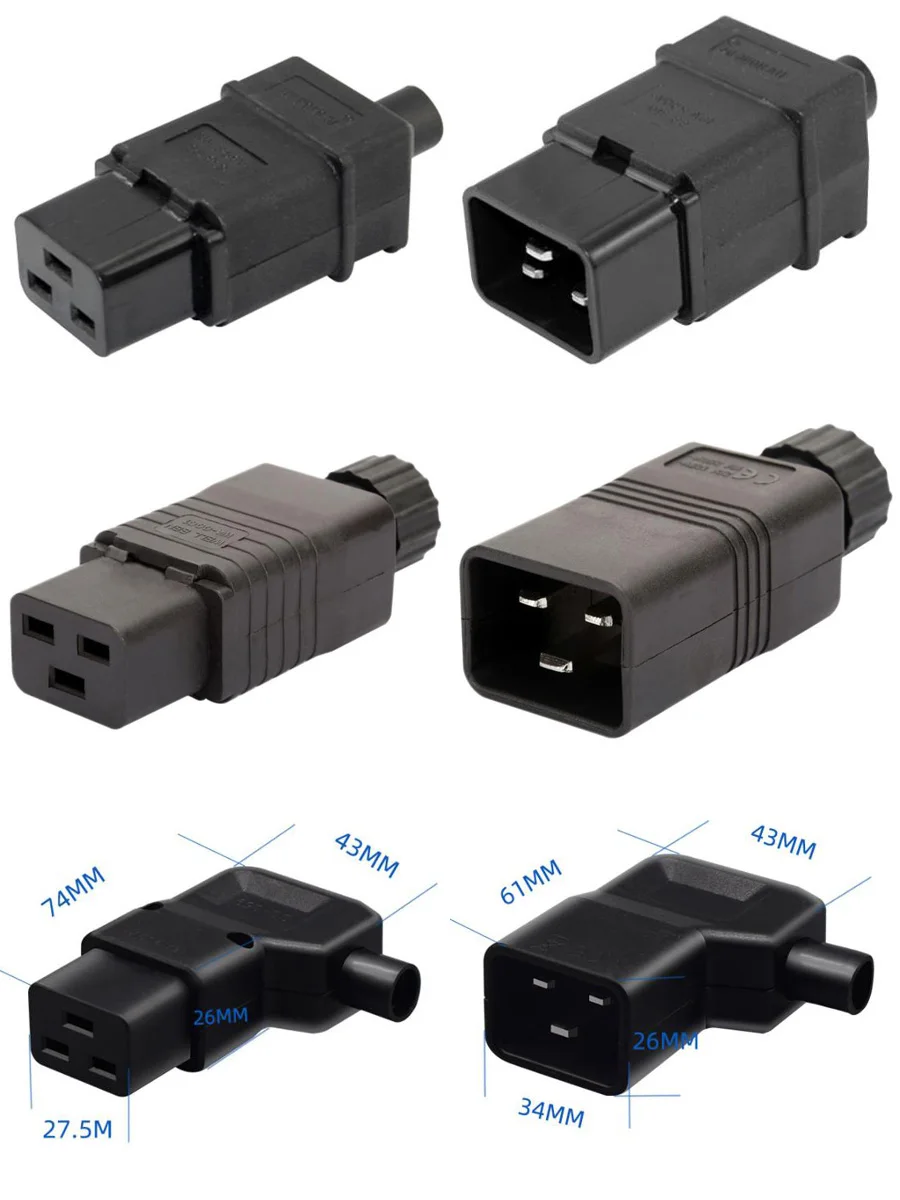 Straight Elbow Black Copper 16A 250V IEC320-C19 C20 male female assembled wiring power plug socket PDU UPS chassis server plug