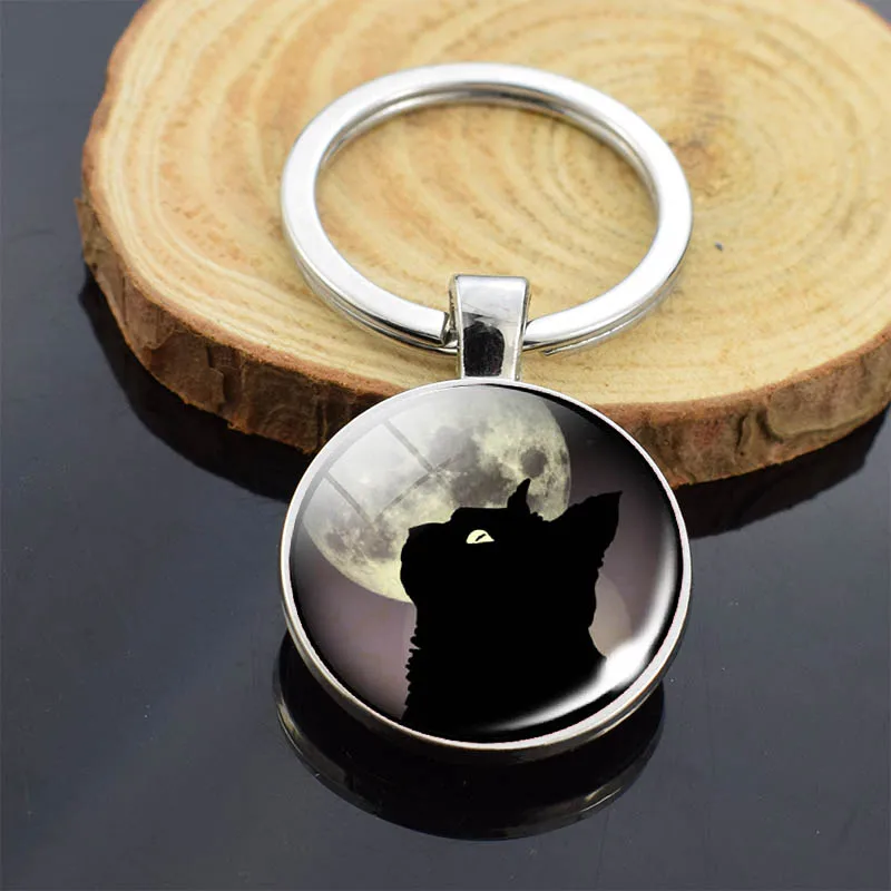 Cute Cat Keychain Animal Black Cat Pattern Key Chain Double Side Glass Cabochon Pendant Keyring Cat Pet Owners Gifts