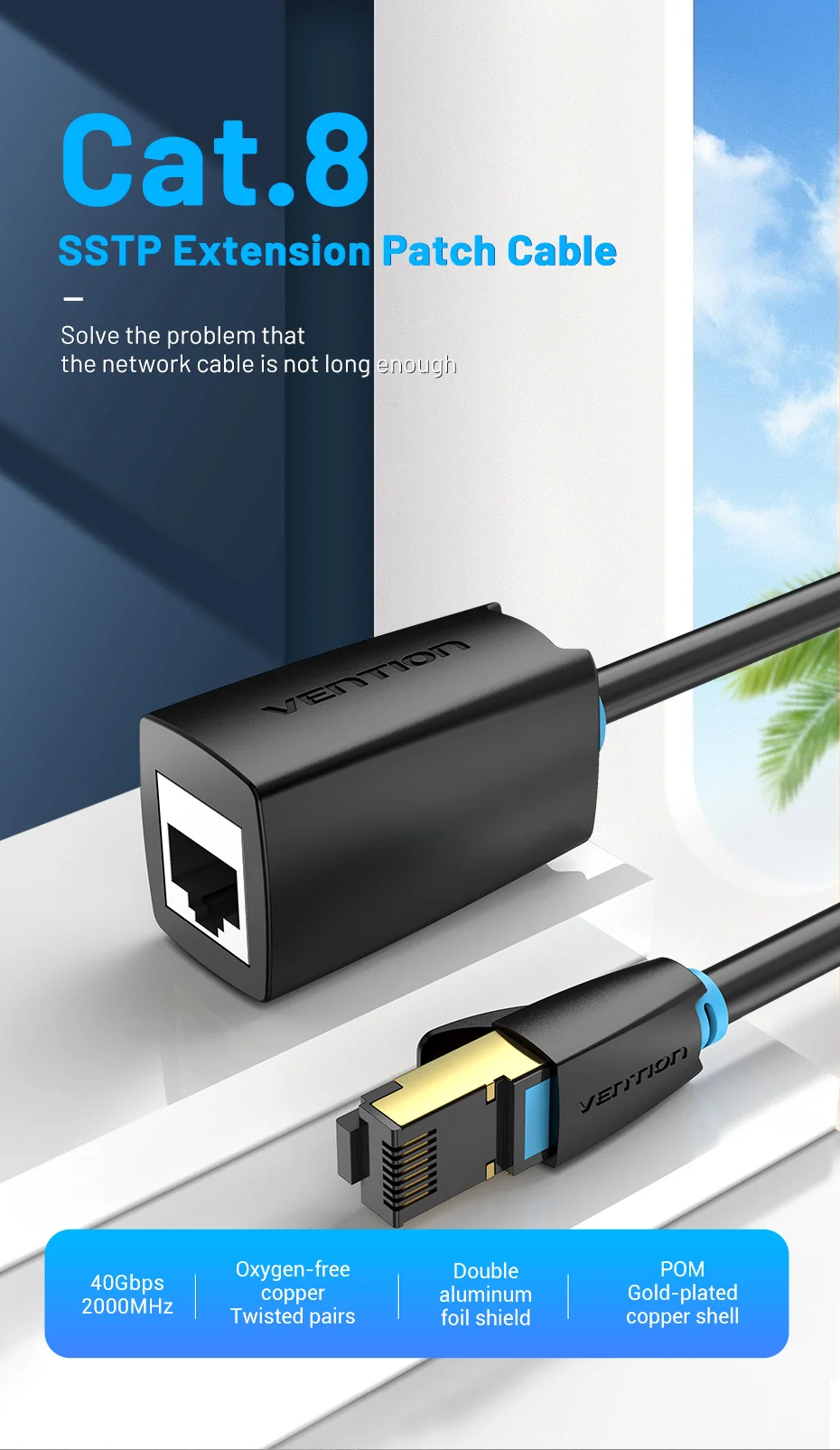 Tions Cat8 Ethernet Verlängerung Kabel SFTP 40Gbps RJ45 Extender Patchkabel Adapter für Router Modem PC Katze 8 Ethernet kabel – Detail 1