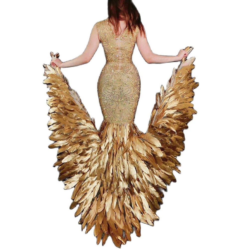 Women Glisten Gold Inlaid Diamond Dress Transparent Sleeveless Tight Elastic DS Costumes Long Feathers Trailing Dressy