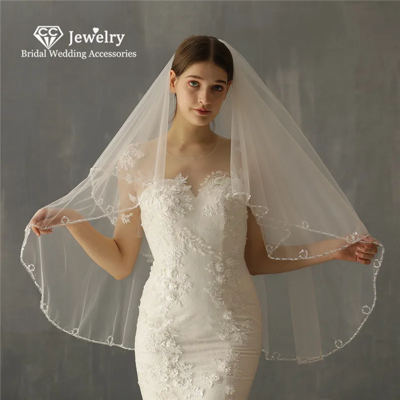 CC Wedding Veil With Comb Soft Yarn Lace Double Layer Crystal Beads Edge 100% Handmade Hairwear Long Veil Exquisite Gifts V643