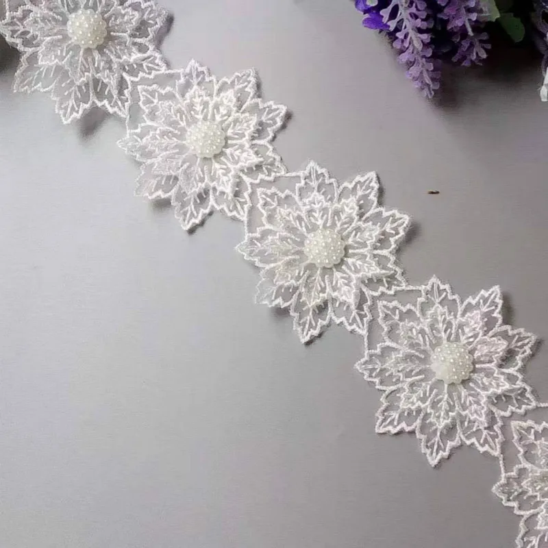 2 yards White Pearl Flower Leaf Handmade Beaded ricamato pizzo Trim Ribbon Applique abito da sposa cucito artigianale 6X6 cm