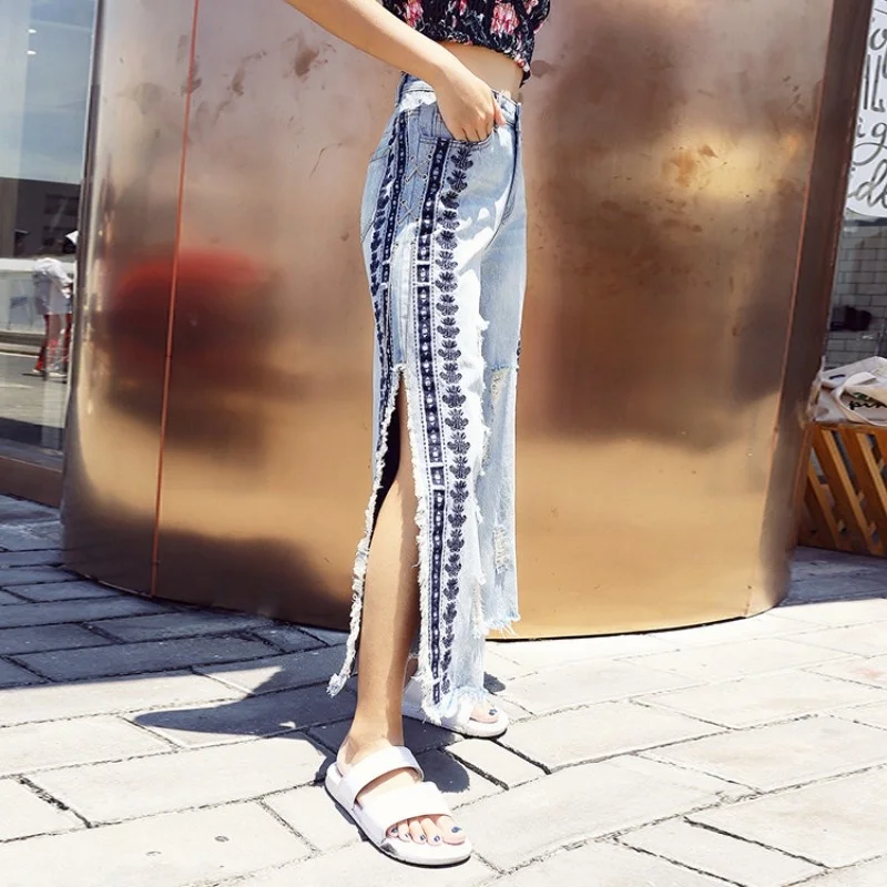 

Embroidery Korean Chain 100% Cotton Jeans Women Frayed Ripped Denim Pants Korean Slim Split Wide Leg Pants Streetwear Trousers