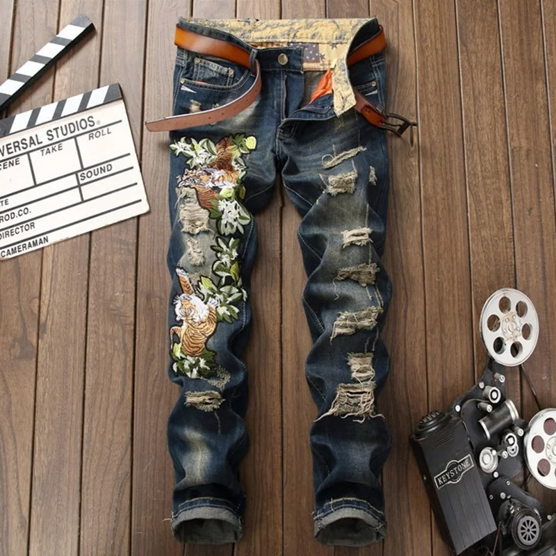 Autumn New European  American Style Fashion Hipster Ripped Straight Tube Jeans Embroidered Tiger Slim Casual Blue Pants