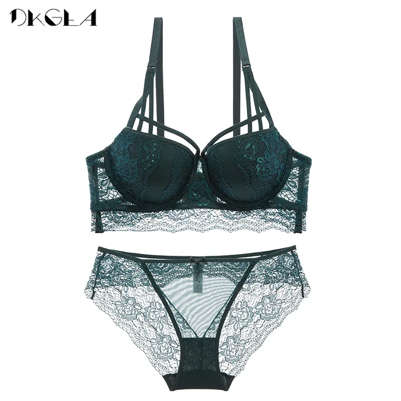 New Top Sexy Underwear Set Cotton Push-Up Bra And Panty Sets 3/4 Cup Brand Green Lace Lingerie Set Women Deep V Brassiere Black