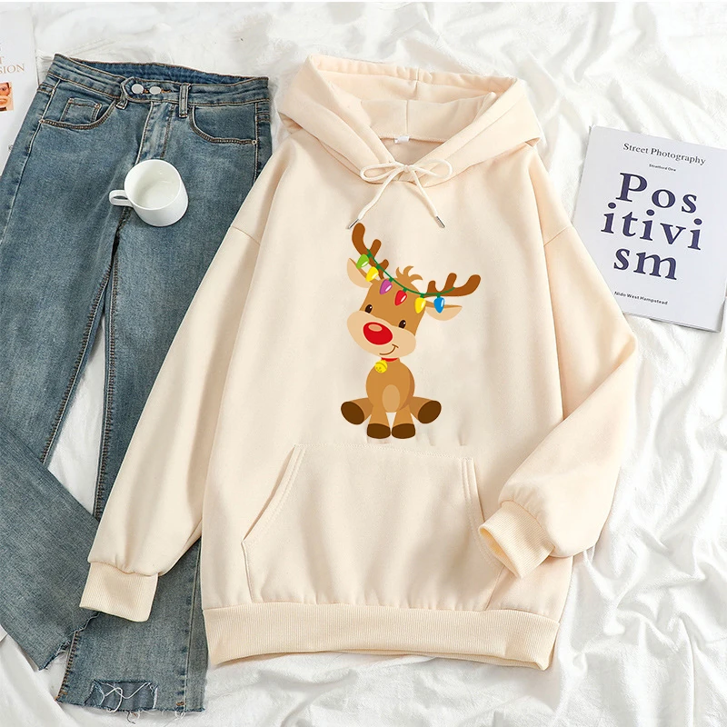 

Kawaii Elk Women Christmas Fashion Hoodies Cute Cartoon Print Top Xmas Party Clothes Boy Girl Gifts Oversized Hooded Sweatshirts