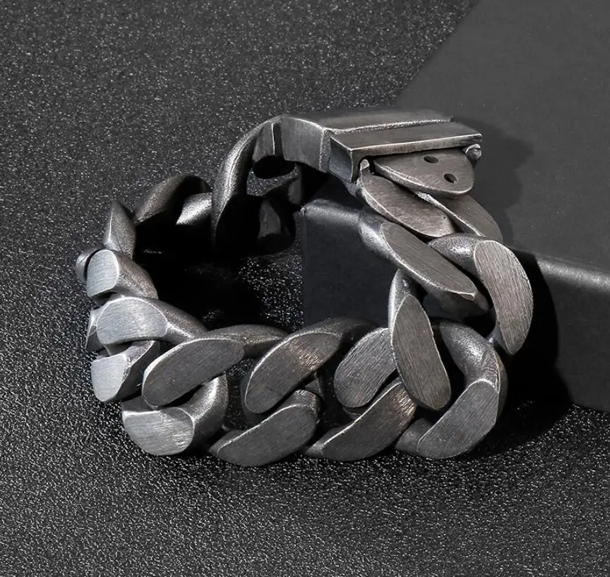 Large Cuban Curb Chain Bracelet Vintage Black Masculine Men's Bangle Stainless Steel Jewelry 25mm*25cm 180g weight heavy