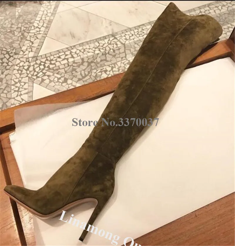 Linamong Women Elegant Pointed Toe Suede Leather Stiletto Heel Over Knee Boots Green Long High Heel Boots Dress Heels Boots