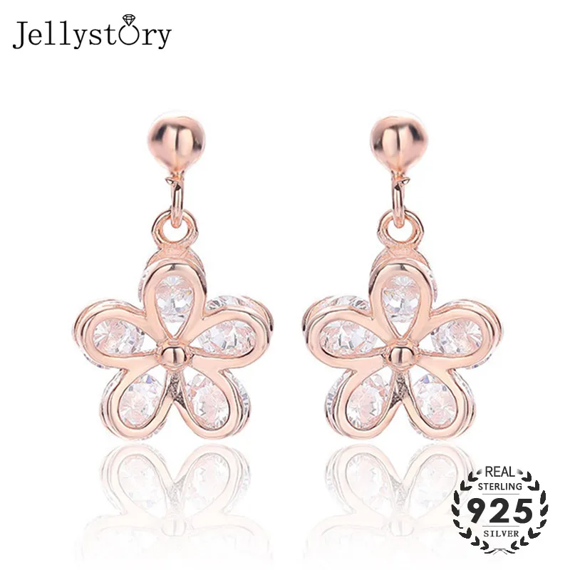 Jellystory Trendy Sterling Silver 925 Jewellery Drop Earrings Flower shape Zircon Earring for Women Wedding Party Gift Rose Gold