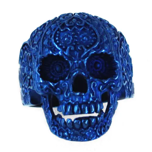 Gothic Skull Biker Ring Stainless Steel Jewelry Fashion Punk Blue Garden Flower Skull Ring For Man Wholesale SWR0228