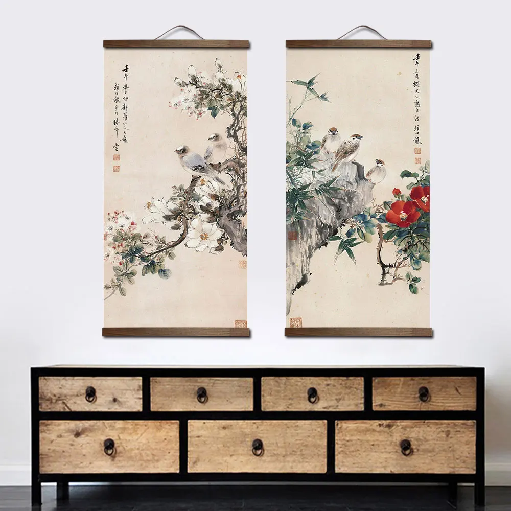 Chinese Traditional style flower animal canvas home decoration for living bedroom wall art picture poster wood scroll paintings