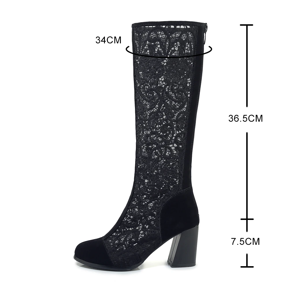 Fashion Women Knee High Boots Square heel Zipper Sexy Lace Mesh Boots Spring Cool Boots Breathable Women\'s Shoes Botas De Mujer