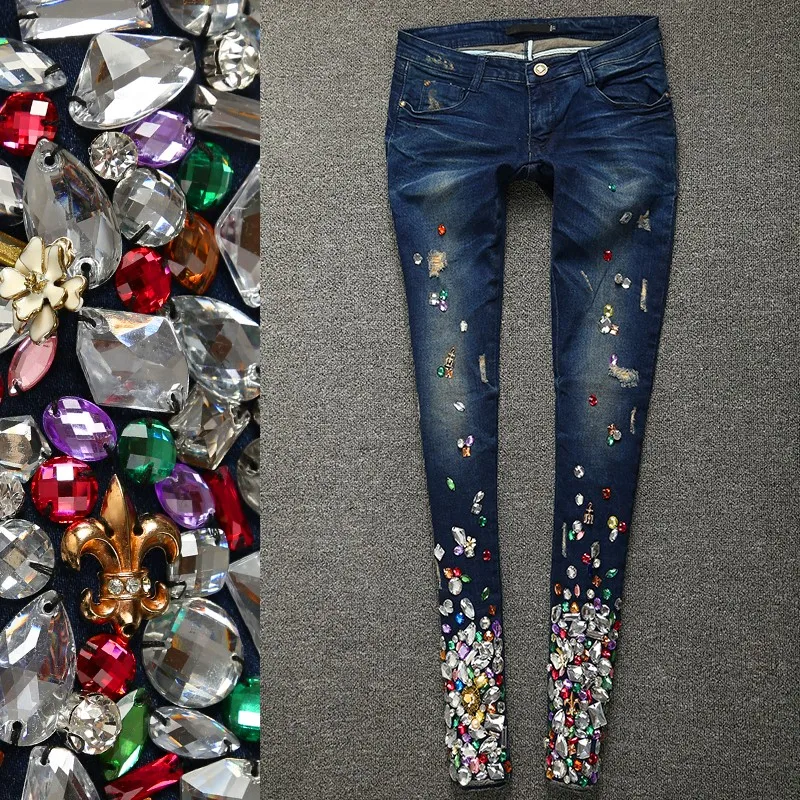 Spring New Diamond Crystal Ripped Woman Stretch Slim Denim Pencil Pants High Quality Luxury Vintage Rhinestone Jeans