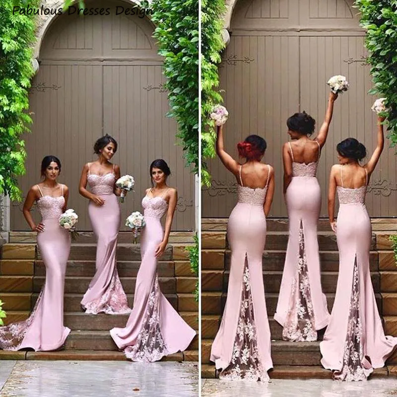 Pink Applique Lace Mermaid Bridesmaid Dresses Long Spaghetti Strap Sweetheart Neck Sweep Train Vestidos Wedding Party Dress