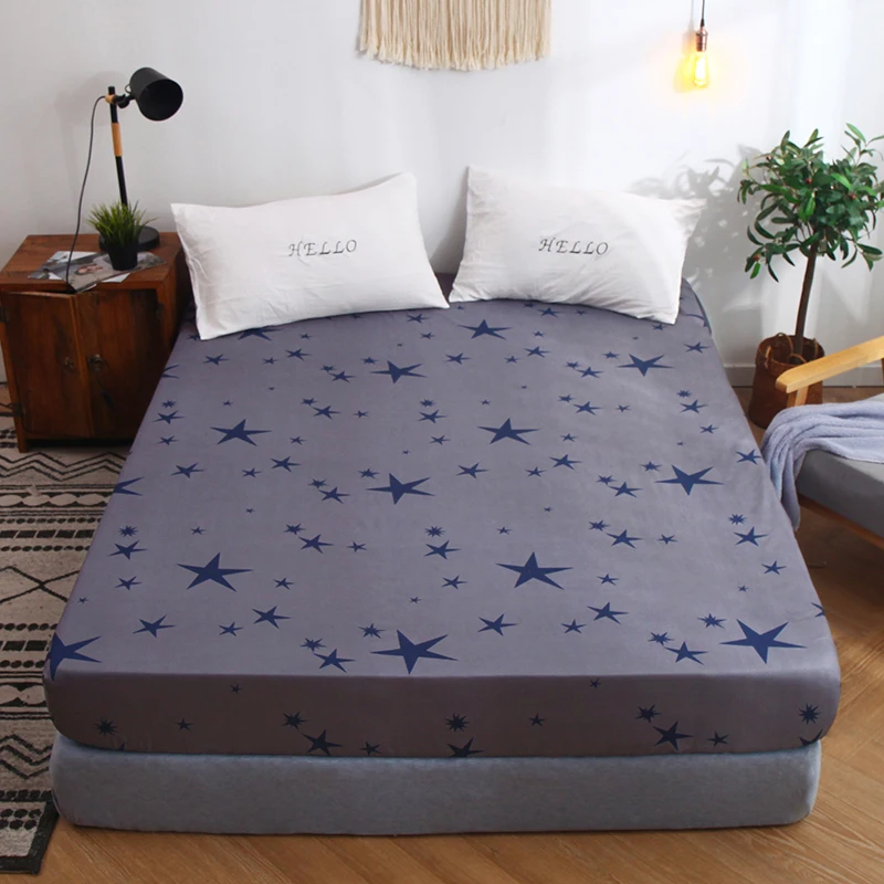 BedCover Simplicity Pure Pattern Printing Brushed Fitted Sheet Mattress Cover With Elastic Band Soft Bedding Linens Home Textile