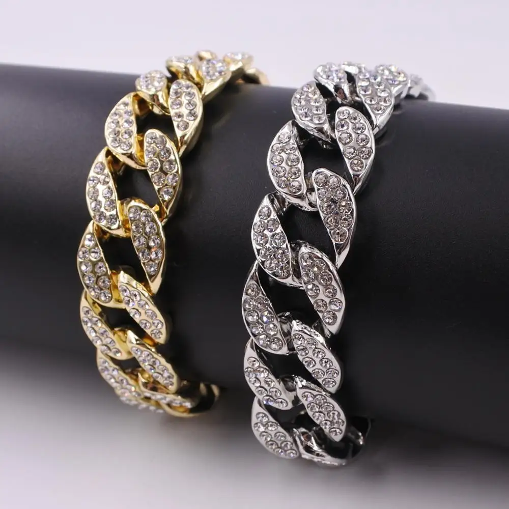 

Gold color 16mm crystal miami cuban chain bracelets mens jewelry iced out bling one row hip hop bracelets necklace for rapper