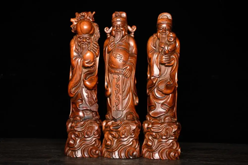 

10"Tibetan Temple Collection Old Boxwood God of Wealth Statue Fu Lu Shou statue Implication Fushou Shuangquan Good fortune