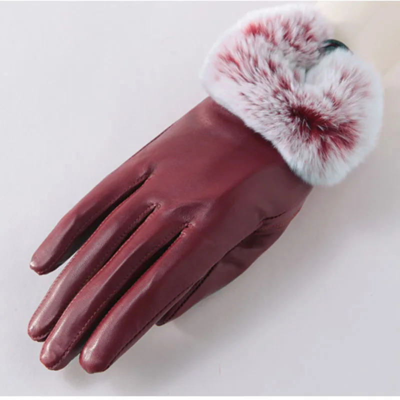 2024 Winter Warm Real Leather Glove With Rex Rabbit Fur Female Genuine Leather Gloves Women With Genuine Rabbit Fur Hand Wrist