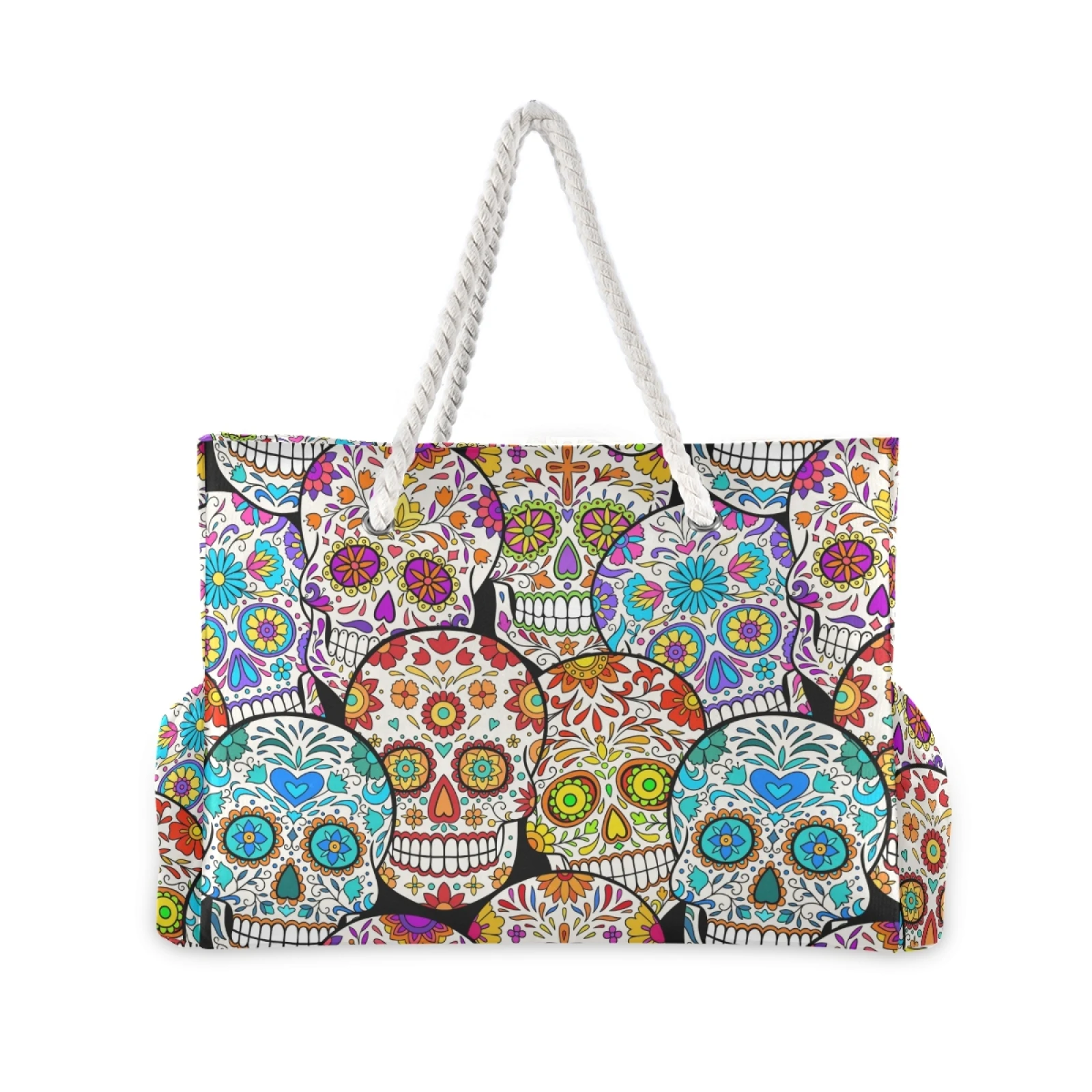 Classic Day Of The Dead Colorful Sugar Skull Printed Tote Bag Casual Tote Bag Foldable Shoulder Shopping Bag Reusable Beach Bag