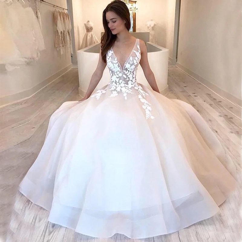 

Deep V-neck Wedding Dresses Illusion Bodice Appliques Simple Full Length Bridal Dress Backless Long Robe De Mariee Custom