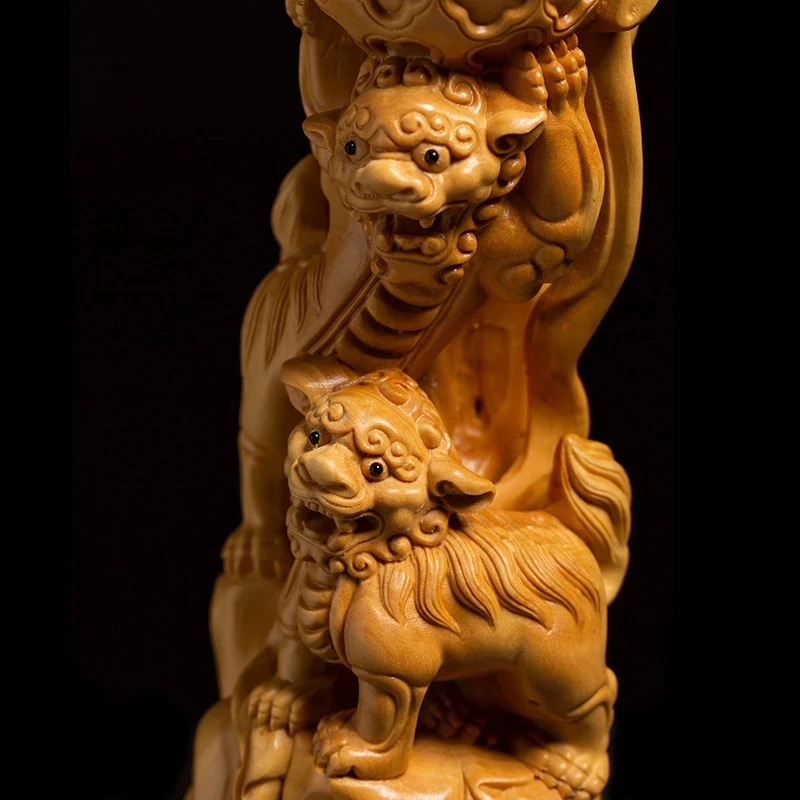 

Double Lion Dance Ball, Chinese Style Traditional Feng Shui Sculpture, Stone, Boutique, Solid Wood Decoration LOVE