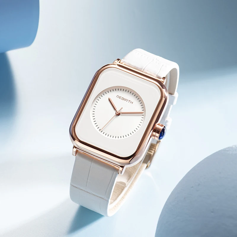 REBIRTH Fashion Women Wrist Watch 2023 White Leather Minimalist Ladies Quartz Dress Wristwatch Relogio Feminino Montre Femme