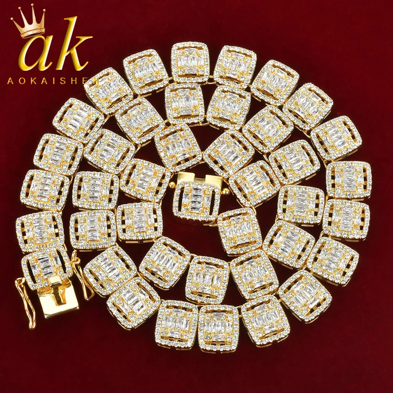 Aokaishen Baguette Cuban Link Chain for Men Necklace Gold Color Plated Real Copper Rock Bling Fashion Jewelry Iced Out Charms