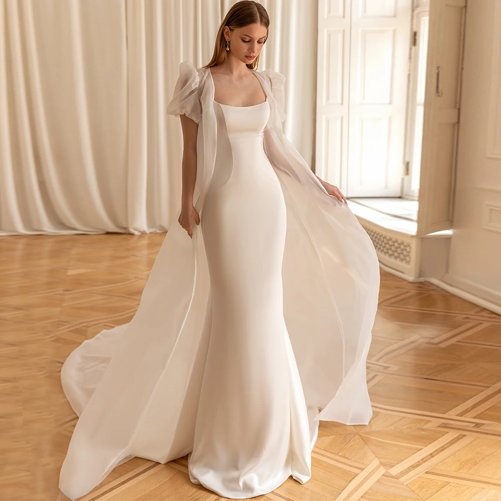 Robe de Mariée Sirène en Satin Blanc pour Femme, Bretelles Spaghetti Simples, Ivoire, Manches Courtes, Everak, 2022