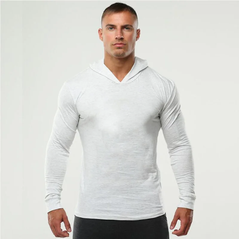 Brand Gym Clothing Solid Color Long Sleeve Hooded Slim Fit T Shirt Men Cotton Tee Shirt Bodybuilding Fitness Sportwear Tshirt