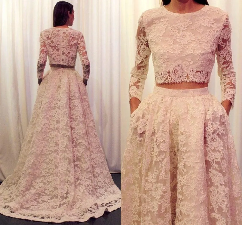 Boho vestido de duas peças manga longa colher até o chão marfim nupcial entrega rápida rendas vestidos novia vestidos de casamento sob medida