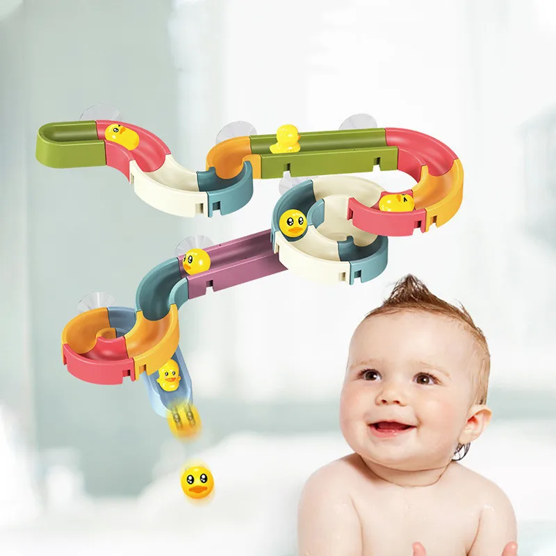 DIY Duck Baby Bath Toys - Bathtub Water Play Games Set with Wall Suction Tracks Assembling Children Shower Toy for Kids