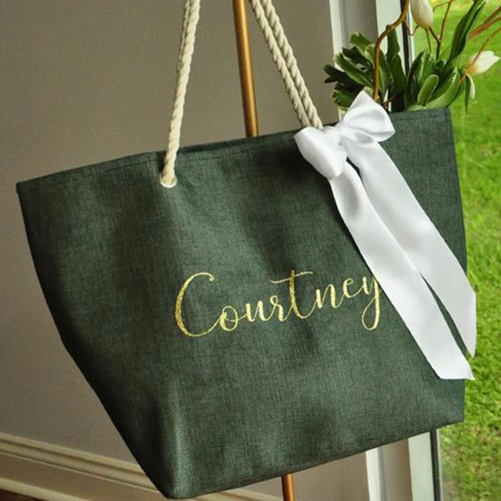 

Custom Name Bag Hunter Green Personalized Beach Bag Bridal Party Gift Bridesmaid Beach Tote