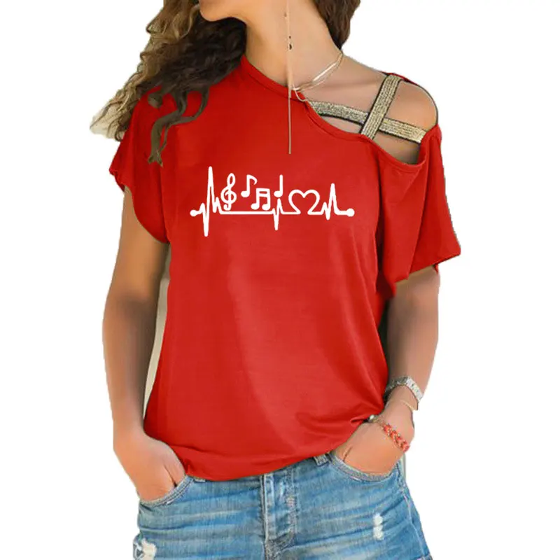 Note musicali camicia con stampa battito cardiaco donna Harajuku Off spalla T-Shirt amante della musica donna irregolare collo inclinato top fasciatura incrociata