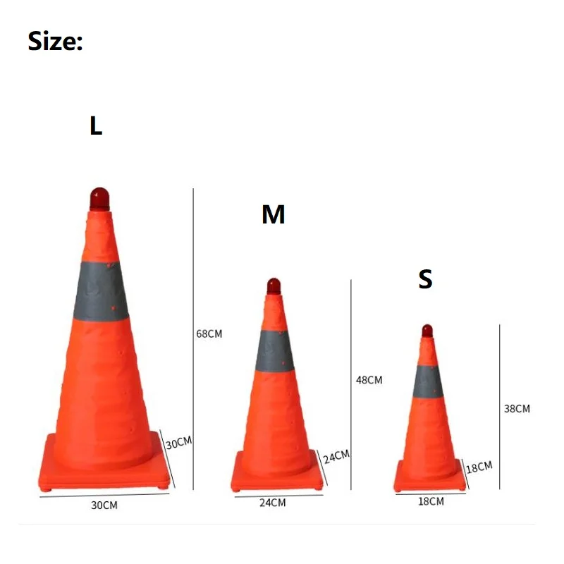 Cone telescópico de plástico retrátil, 38cm/48cm/68cm, alto, dobrável, bloco de estrada, instalações de trânsito, luz piscante, sinais de aviso