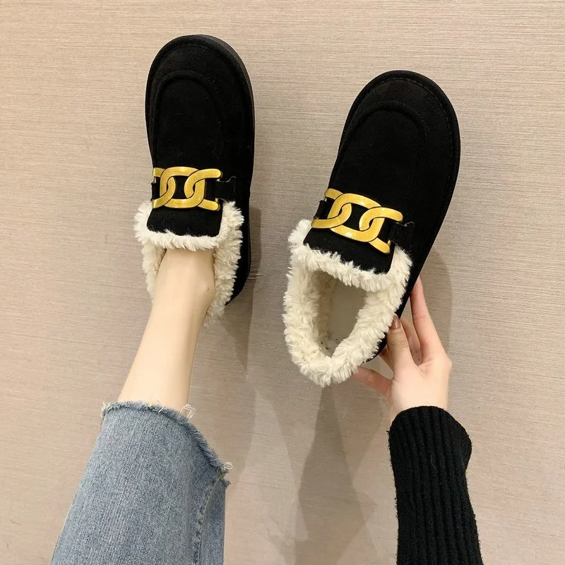 2023 decorazione in metallo scarpe da donna in pelliccia sintetica Slip on mocassini da donna Solid Casual Shoes for Women Fashion Flats Winter Warm