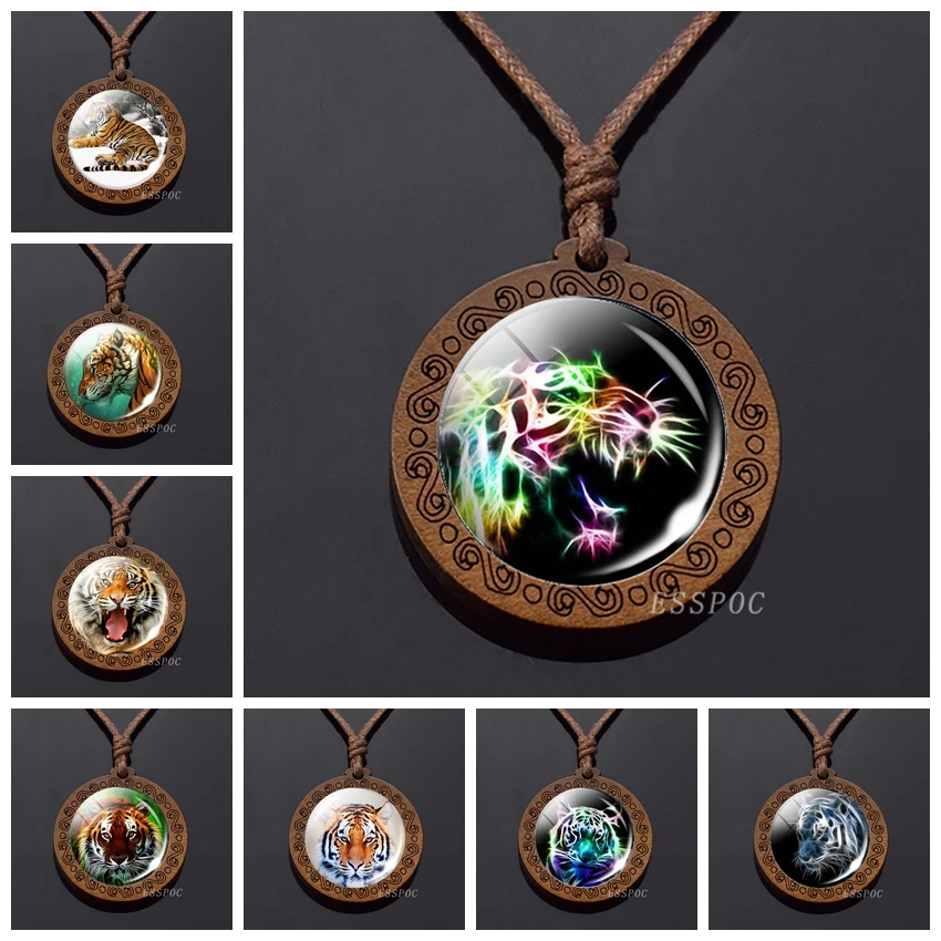 Tiger Pattern Brown Wooden Pendant Neckalce Animal Tigers Glass Cabochon Jewelry Wax Rope Chain Neckalce Men Women Gifts