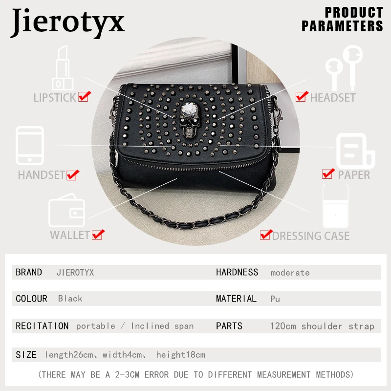 JIEROTYX New Design Women Shoulder Bag Vintage Punk Skull Tote Black Leather Crossbody Bags Fashion Rivet Hot INS Great Quality