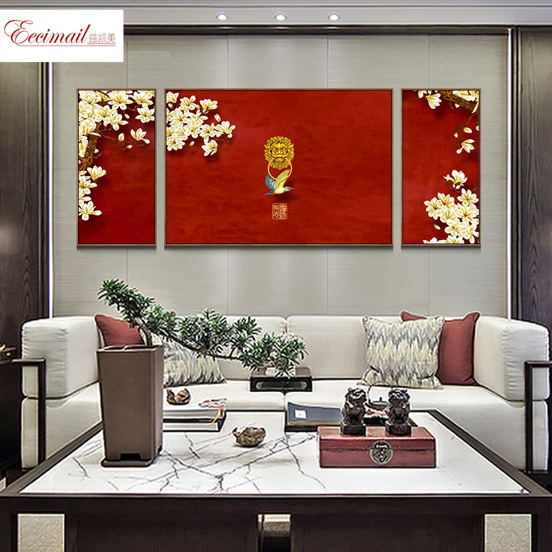 EECAMAIL DIY Diamond Painting Full Diamond Embroidery Zen Chinese Style Flower Bird Triptych Paste Diamond Painting No Frame