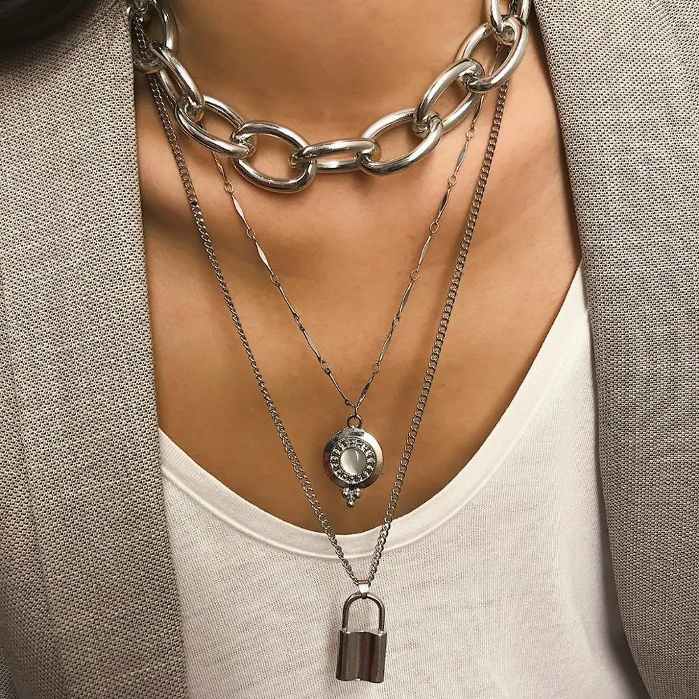 

Exaggerated Metal Punk Chain Necklace Women Simple Crystal Lock Pendant Necklace Multi Layer Long Necklace Fashion Jewelry