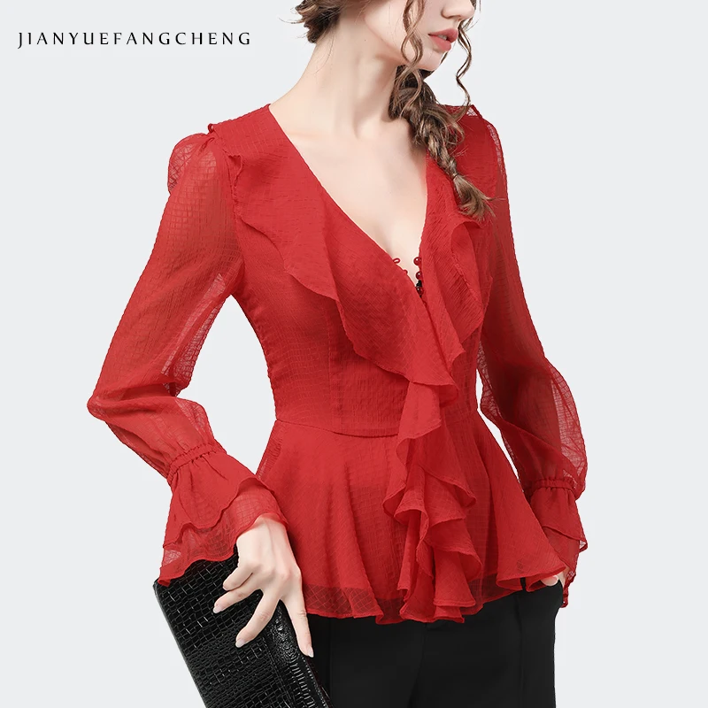

Sexy Deep V-Neck Ruffles Chiffon Blouse Women Solid Color Elegant Slim Flared Sleeve Spring Summer Tops Casual Fashion Shirts