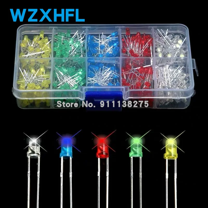 5x100pcs=500Pcs 3MM LED Diode Kit Mixed Color Red Green Yellow Blue White + BOX